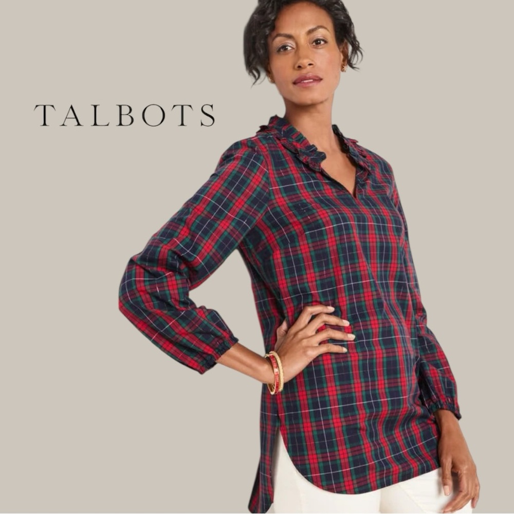 Talbots Plus 2X Plaid Ruffle Neck Popover Tunic Top Red Green